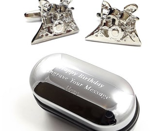 Music, Rock and Roll Drum kit Cufflinks & Engraved Gift Box (X2NYU006) - Novelty Cufflinks, Quirky Cufflinks, Personalised Cufflink Box