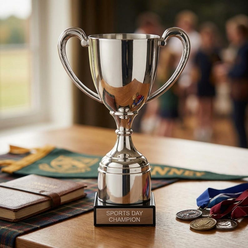 May include: A shiny silver trophy with two curved handles, sitting on a wooden table. The trophy has a black base with the words "SPORTS DAY CHAMPION" engraved on it. Medals and a pennant are also on the table.