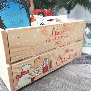 Personalised Christmas Eve Box For Children, Personalised Wooden Crate Ready To Fill With Gifts Cute Polar Bear Solid Pine Wood image 7