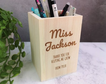 Personalised Teachers Thank You Pen Pot Wooden Pencil Holder Desk Organiser Pens Pencils Teacher Engraved Gift