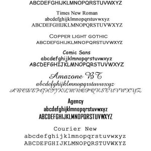 Pu&ograve; includere: Un elenco di diversi stili di font con i nomi di ciascun font e un campione dell'alfabeto in lettere minuscole e maiuscole.