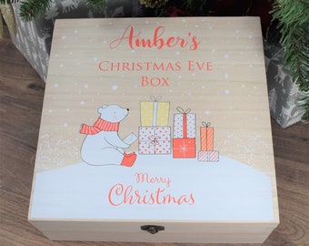 Customised Printed Childs Christmas Eve Box - Xmas Eve Box for Children - Ready To Fill With Gifts - 3 Sizes - Cute Polar Bear Design