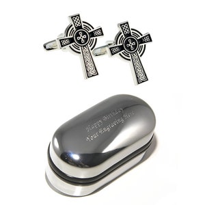 Celtic Cross Cufflinks & Engraved Cufflinks Box (X2PSN086) - Cross Cufflinks, Religious Cufflinks, Novelty Cufflinks, Personalised Cufflinks
