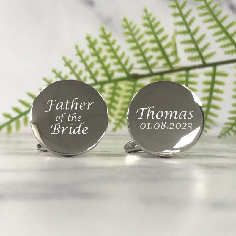 Mens Personalised Father of the Bride Wedding Day Custom Engraved ROUND Cufflinks Personalised Engraved Gift Box Available image 1