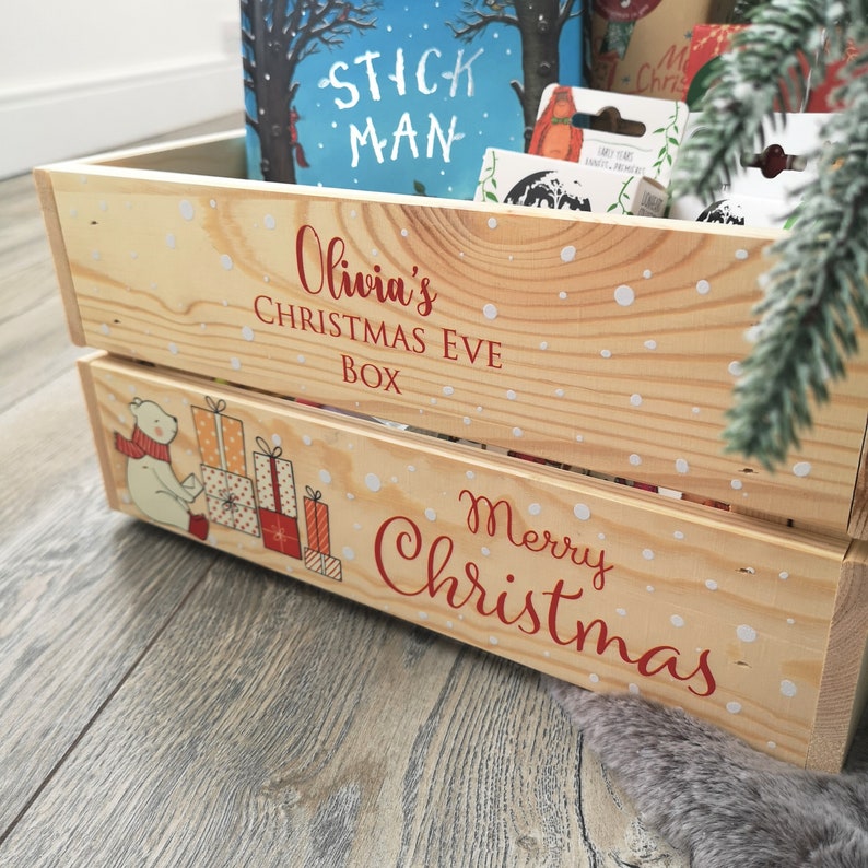 Personalised Christmas Eve Box For Children, Personalised Wooden Crate Ready To Fill With Gifts Cute Polar Bear Solid Pine Wood image 6