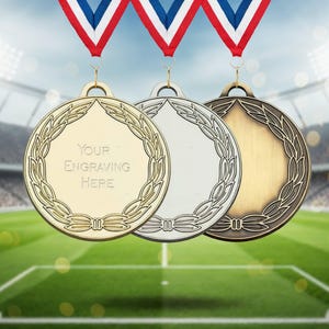 Medallas deportivas grabadas con cinta - Medallas de fútbol personalizadas - Oro, plata, bronce