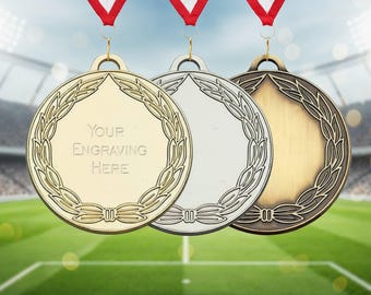 Engraved Sports Medals Award Complete with Medal Ribbon - Personalized Football Medals - Gold, Silver, Bronze