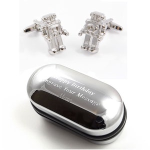 Square Headed Sci-Fi Retro Robot Cufflinks & Engraved Gift Box (X2AJ028) - Novelty Cufflinks, Quirky, Cufflinks, Personalised Cufflinks Box