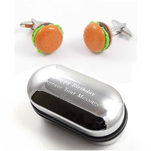 Coloured Burger, Novelty Food Cufflinks & Engraved Gift Box (X2PSN191) - Novelty Cufflinks, Personalised Cufflinks Box