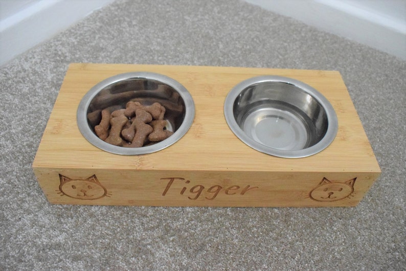 Personalised Pet Bowls Bamboo Wood Engraved Personalized Cat Etsy