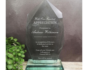 Personalised Crystal Employee Award, Laser Engraved Retirement Gift