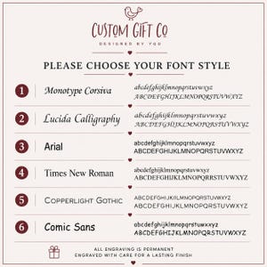 May include: A font selection chart titled CUSTOM GIFT CO DESIGNED BY YOU, listing six numbered options: 1. Monotype Corsiva, 2. Lucida Calligraphy, 3. Arial, 4. Times New Roman, 5. COPPERLIGHT GOTHIC, and 6. Comic Sans, each with alphabet samples.