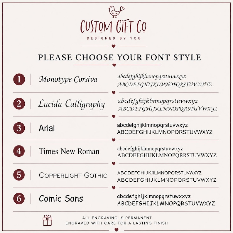 May include: A font selection chart titled CUSTOM GIFT CO DESIGNED BY YOU, listing six numbered options: 1. Monotype Corsiva, 2. Lucida Calligraphy, 3. Arial, 4. Times New Roman, 5. COPPERLIGHT GOTHIC, and 6. Comic Sans, each with alphabet samples.