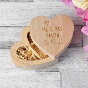 Personalised Wedding Ring Box - Engraved Wedding Ring Box Rustic Heart Shaped Wooden Ring Box - Wedding Day, Bride & Groom Surname