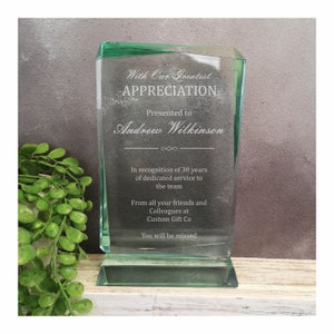 Personalised Glass Employee Award, Retirement Appreciation, For Manager , Staff ,Retirement Award with Laser Engraving, Thank You 3 Sizes