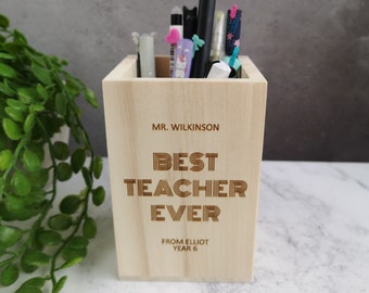 Personalised Teachers Thank You Pen Pot Light Wooden Pencil Holder Desk Organiser Pens Pencils Teacher Engraved Gift