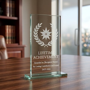 Peut inclure: Un troph&eacute;e en verre transparent avec l'inscription "LIFETIME ACHIEVEMENT". Il pr&eacute;sente une &eacute;toile entour&eacute;e d'une couronne de laurier. Le texte "Awarded to [Recipient Name]" et "DATE 2024" sont &eacute;galement grav&eacute;s.