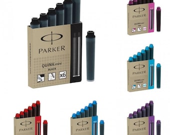 Parker Quink Ink Mini Fountain Pen Cartridges - Box of 6 - Various Colours