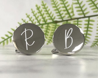 Silver Personalised Engraved Initial ROUND Wedding Cufflinks - Personalised Engraved Gift Box Available