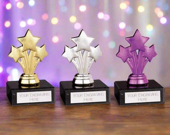 Personalised Star Trophy Award, FREE ENGRAVING, School Trophies, Office Trophies, Gold, Silver or Purple Triple Star Award