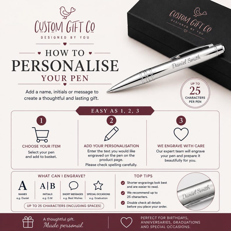 May include: A silver-toned ballpoint pen with the engraved name Daniel Smith, resting on a black rectangular gift box. The image includes instructional text detailing a three-step personalization process for custom engraving up to 25 characters.