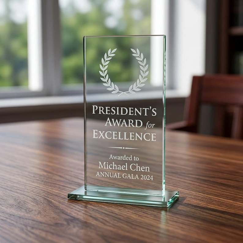Peut inclure: Un prix en verre transparent avec le texte "PRESIDENT'S AWARD for EXCELLENCE" et un motif de couronne de laurier. Le prix est d&eacute;cern&eacute; &agrave; Michael Chen, Gala Annuel 2024. Le prix est rectangulaire et repose sur une base rectangulaire.