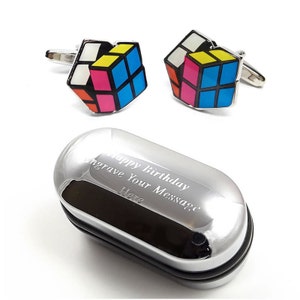Retro Rubix Cube Puzzle Cufflinks & Engraved Gift Box (X2SJ005) - Novelty Cufflinks, Quirky Cufflinks, Personalised Cufflinks Box