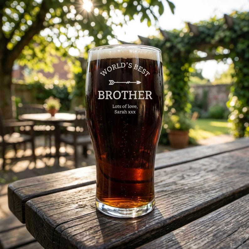 May include: A pint glass filled with dark beer, resting on a wooden table. The glass is etched with the words "WORLD'S BEST BROTHER" and a personalized message. The background features a sunny outdoor setting with greenery.