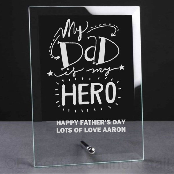 Personalised Engraved Fathers Day Dad Glass Plaque - Dads Birthday Gift, Father's Day Gifts, Hero Dad, Birthday Gifts for Dad - Hero Dad