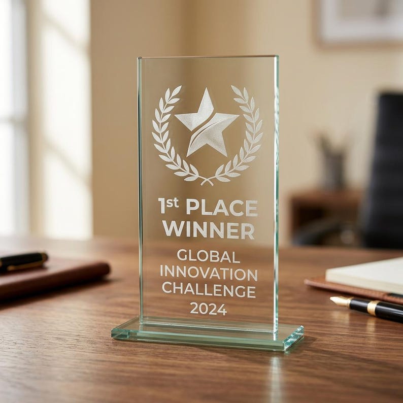 Peut inclure: Un troph&eacute;e en verre transparent de forme rectangulaire avec une base. Le troph&eacute;e pr&eacute;sente une &eacute;toile et une couronne de laurier, avec le texte "1st PLACE WINNER GLOBAL INNOVATION CHALLENGE 2024" grav&eacute; sur le devant. Il est pos&eacute; sur une surface en bois.