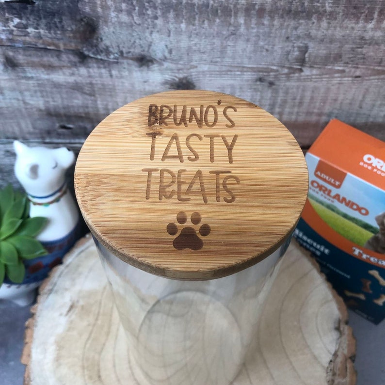 Personalised Bamboo Lid Dog Treat Storage Jar Pick Your Size Glass Storage Jar Dog Reward Jar with Engraved Lid with Paw Print & Name image 9