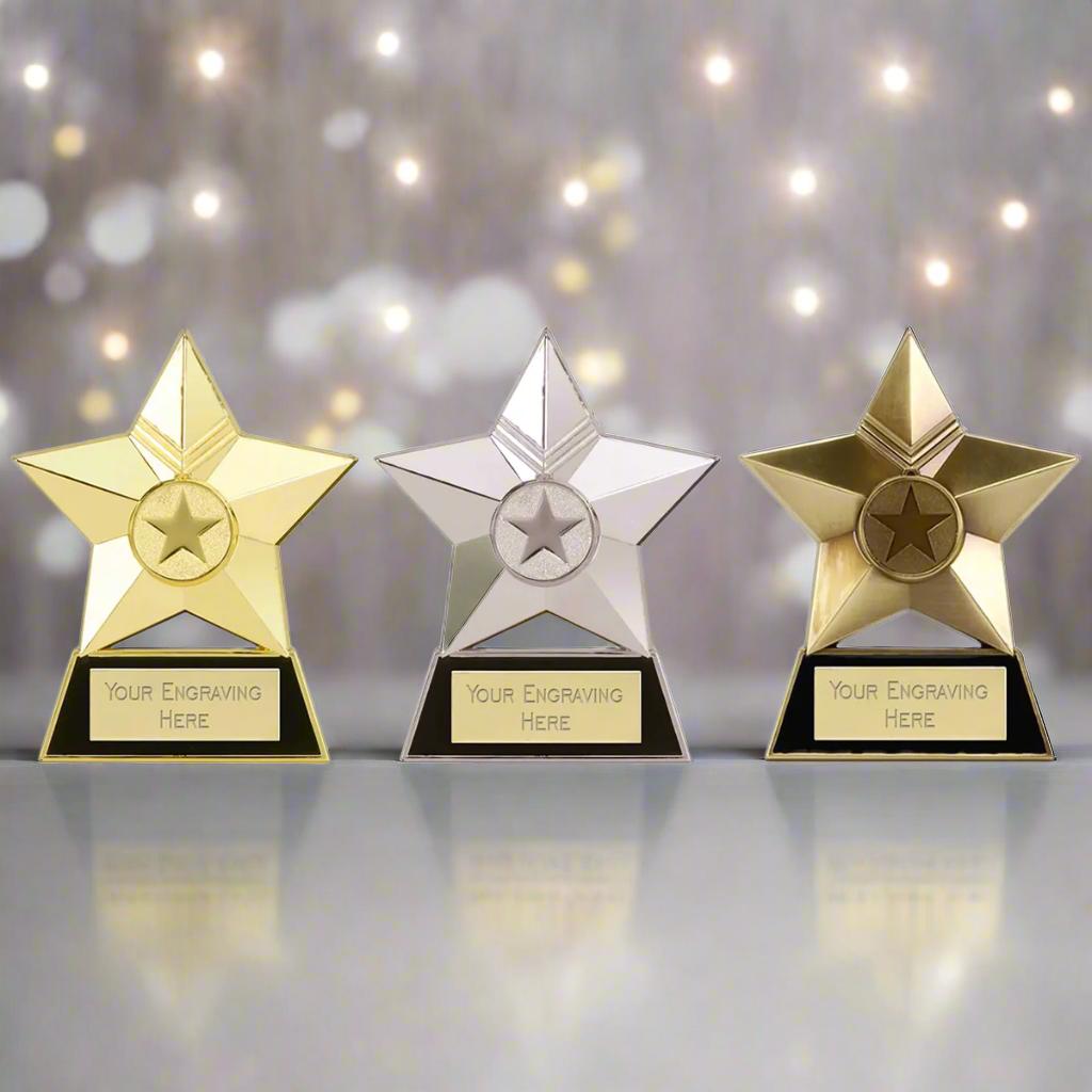 Trofeo Placa Estrella, GRABADO GRATIS, Agregue su logotipo, Trofeo de Oro, Plata y Bronce, Premios Corporativos, Trofeos Económicos, Trofeo de Metal 2D