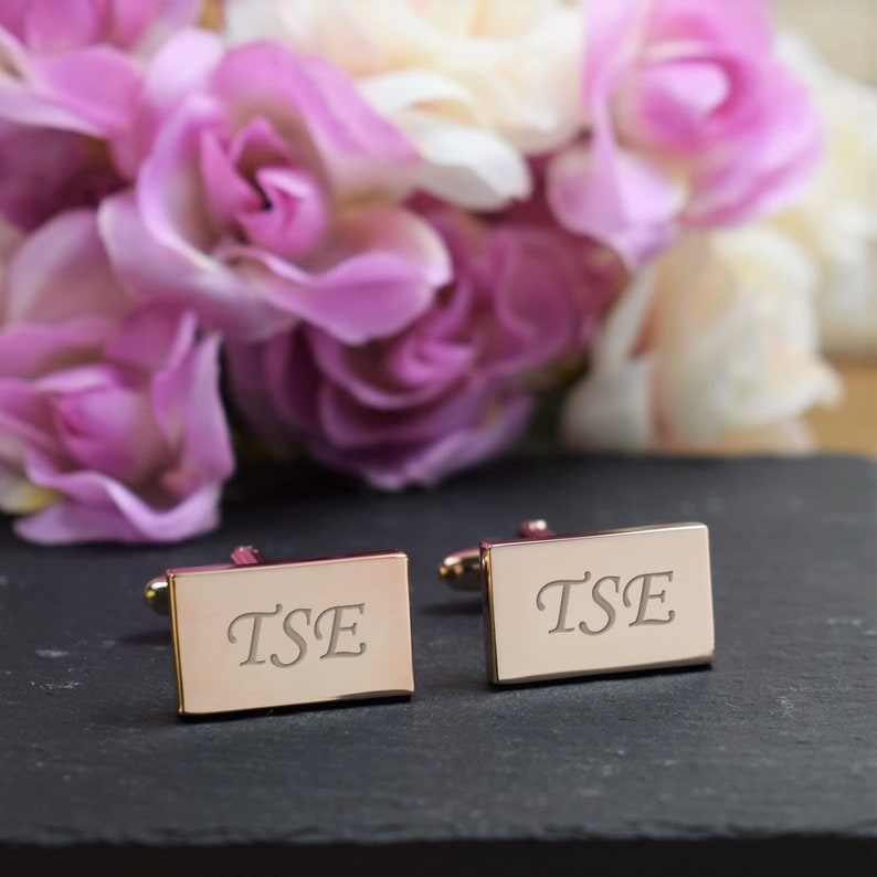 ROSE GOLD Personalised Engraved Monogram RECTANGLE Cufflinks Personalised Engraved Gift Box Available Wedding and Birthday Gift
