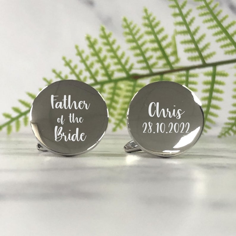 Mens Personalised Father of the Bride Wedding Day Custom Engraved ROUND Cufflinks Personalised Engraved Gift Box Available image 5