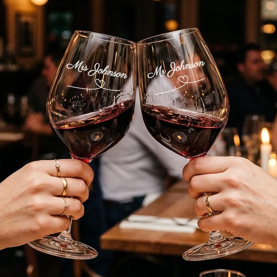 Mr & Mrs gravierte Weingläser, personalisierte Jungvermählten Glas Geschenkset von 2