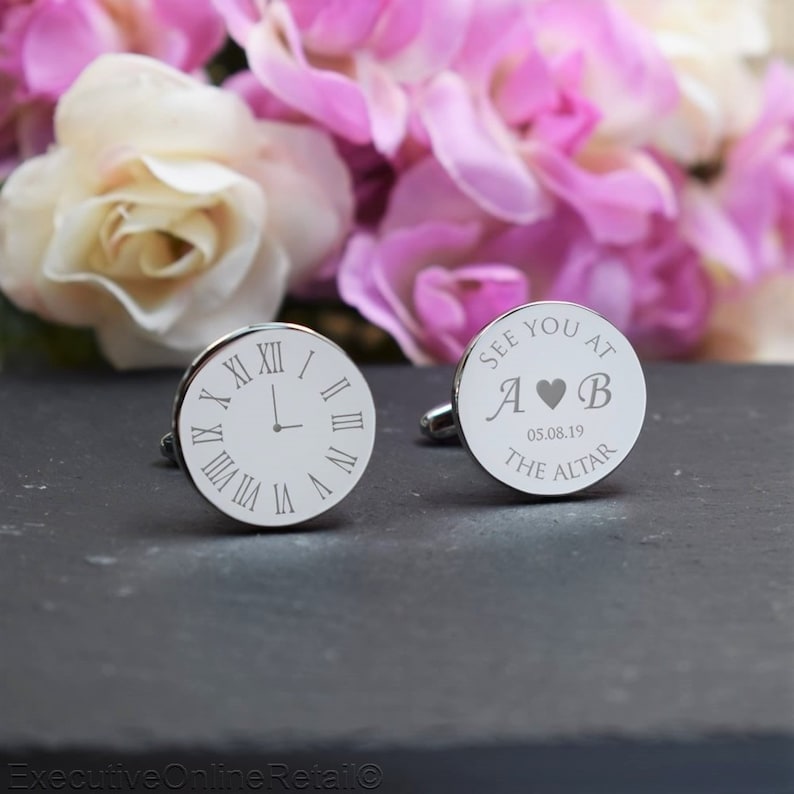 Personalised Engraved Gift Box Available Clock Silver Personalised Engraved ROUND Cufflinks -Wedding See you at the Altar