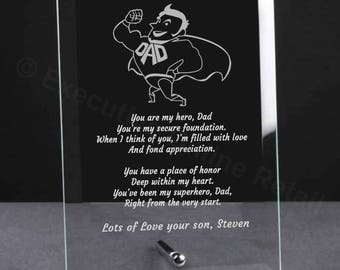 Personalised Engraved Fathers Day Dad Hero Glass Plaque - Dads Birthday Gift, Father's Day Gifts, Hero Dad, Birthday Gifts for Dad