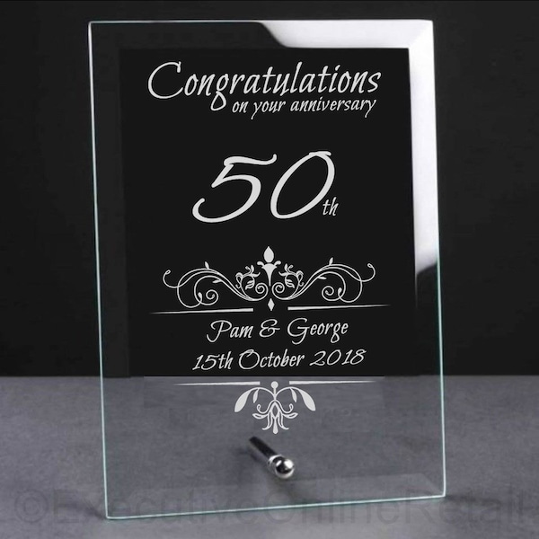 Personalised Engraved Wedding Anniversary Glass Plaque - Anniversary Gift for Couples Wedding Anniversary Gift for Parents  - 50th, 40th...