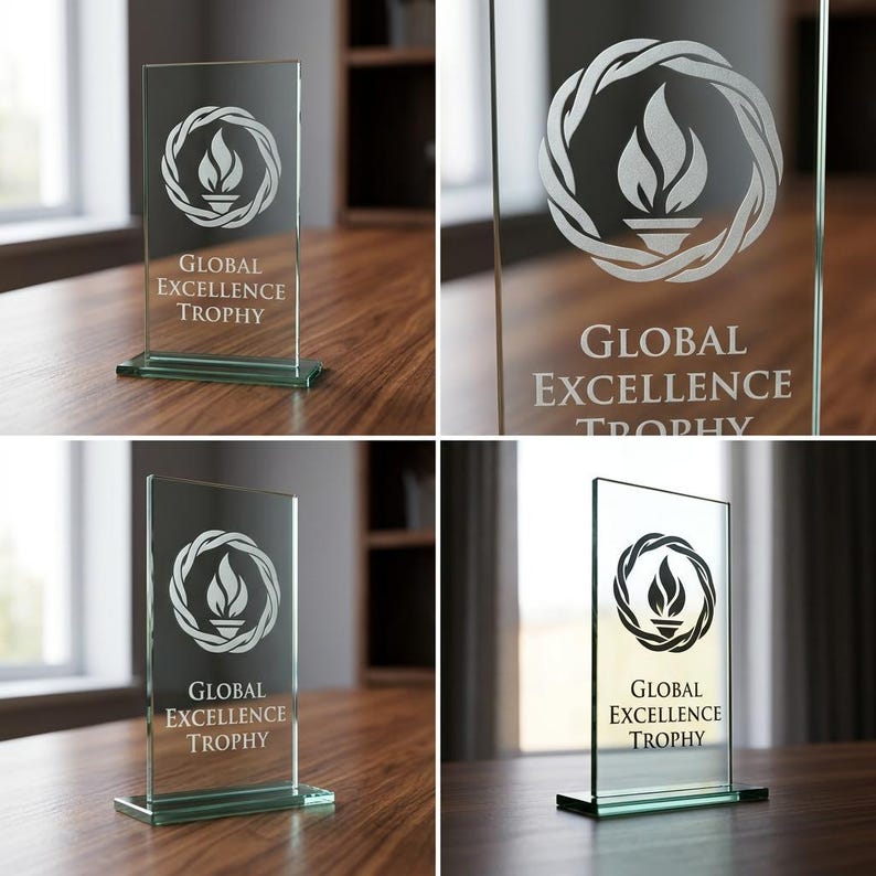 Peut inclure: Troph&eacute;e en verre transparent de forme rectangulaire avec une base verte. Le troph&eacute;e pr&eacute;sente un motif circulaire avec une flamme au centre et les mots "GLOBAL EXCELLENCE TROPHY" en police serif.