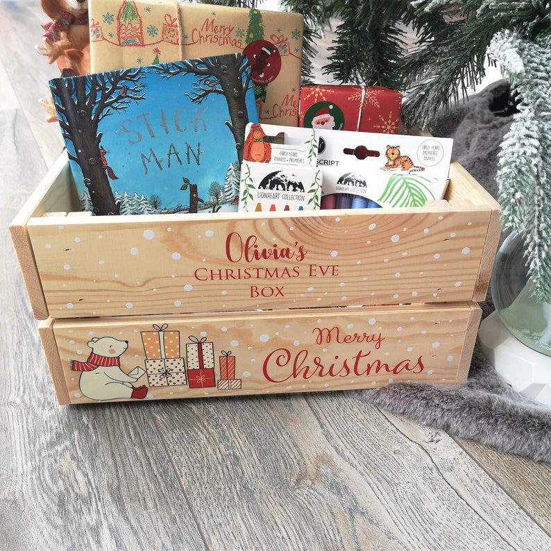 Personalised Christmas Eve Box For Children, Personalised Wooden Crate Ready To Fill With Gifts Cute Polar Bear Solid Pine Wood image 2