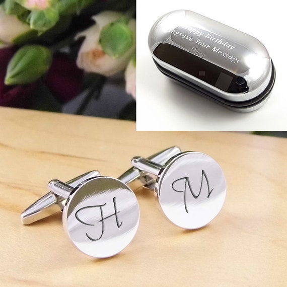 Any Text ENGRAVED Engraved Personalised Silver Round Wedding Cufflinks 