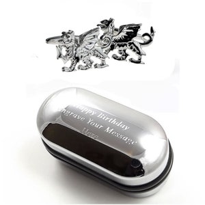 Cymru Welsh Dragon Cufflinks (Y Ddraig Goch) & Engraved Gift Box (X2N157) - Novelty Cufflinks, Quirky Cufflinks, Personalised Cufflink Box