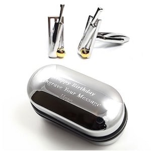 Cricket Bat, Ball and Stumps Cufflinks with Two Tone Finish & Engraved Gift Box (X2AJ093) - Novelty Cufflinks, Personalised Cufflinks Box