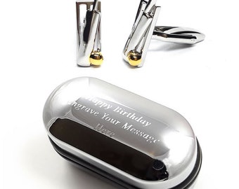 Cricket Bat, Ball and Stumps Cufflinks with Two Tone Finish & Engraved Gift Box (X2AJ093) - Novelty Cufflinks, Personalised Cufflinks Box