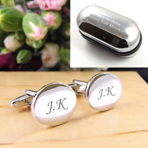 Silver OVAL Personalised Engraved Initial Cufflinks Wedding and Birthday Gift Personalised Engraved Gift Box Available image 1