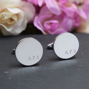 Silver Personalised Engraved Initial ROUND Cufflinks Wedding or Birthday Gift Personalised Engraved Gift Box Available zdjęcie 5