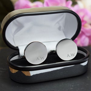 Silver Personalised Engraved Initial ROUND Cufflinks Wedding or Birthday Gift Personalised Engraved Gift Box Available zdjęcie 6