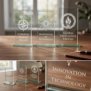 Peut inclure: Trois r&eacute;compenses en verre transparent avec des motifs grav&eacute;s et du texte. Les r&eacute;compenses comprennent une boussole, une &eacute;toile et une flamme. Le texte indique "Compass Leader Award", "Innovation in Technology" et "Global Excellence Trophy".