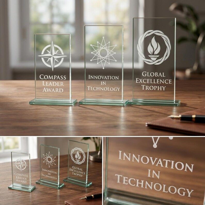 Peut inclure: Trois r&eacute;compenses en verre transparent avec des motifs grav&eacute;s et du texte. Les r&eacute;compenses comprennent une boussole, une &eacute;toile et une flamme. Le texte indique "Compass Leader Award", "Innovation in Technology" et "Global Excellence Trophy".