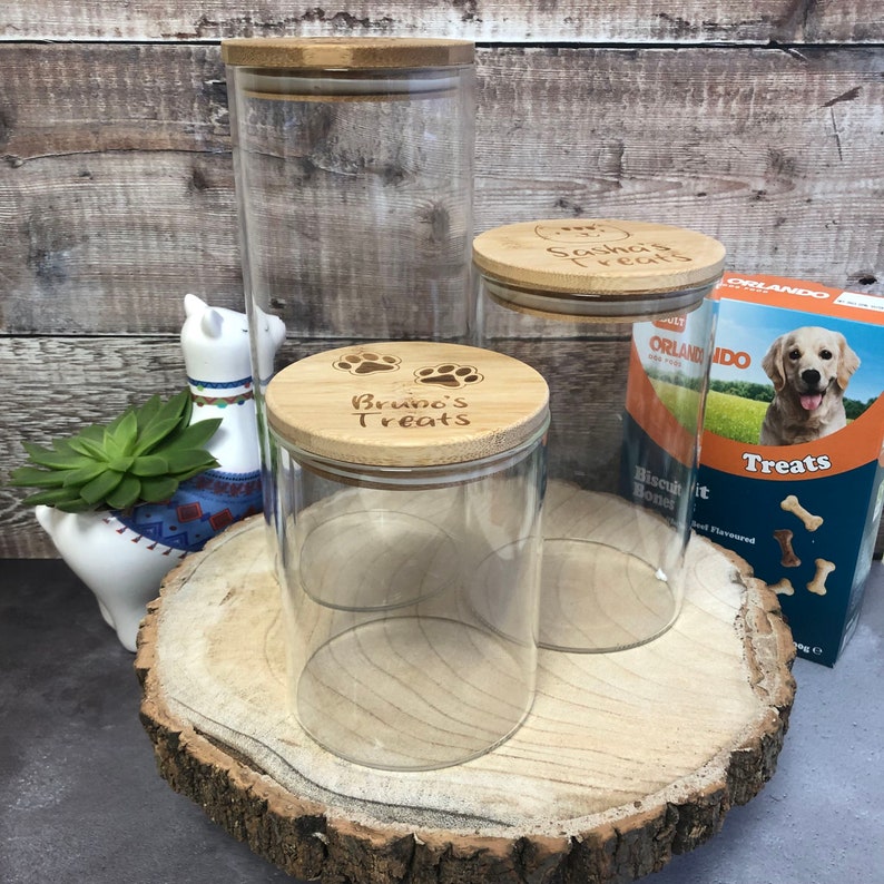 Personalised Bamboo Lid Dog Treat Storage Jar Pick Your Size Glass Storage Jar Dog Reward Jar with Engraved Lid with Paw Print & Name image 5